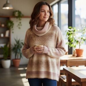 American Eagle Womens Sweater M Cream Beige Striped‎ Cowl Neck Boho Western